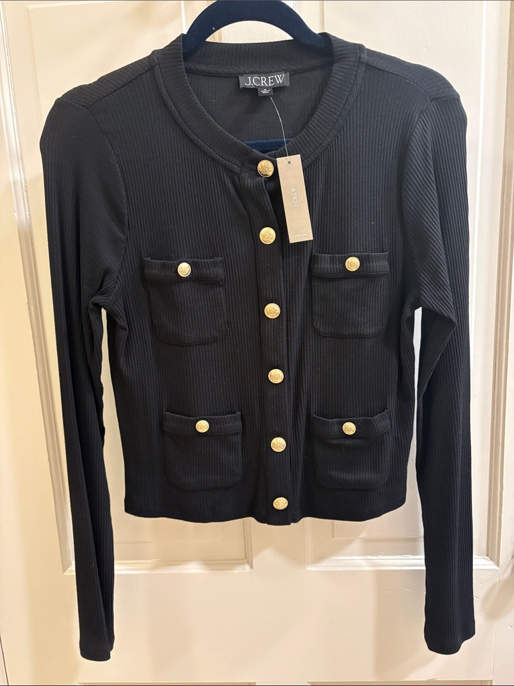 J. Crew Black Ribbed Gold-Button Cardigan — Sz. M